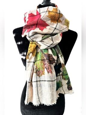 The Blue Turban Wool Cotton Blend Floral Leaf Print Scarf 25x70